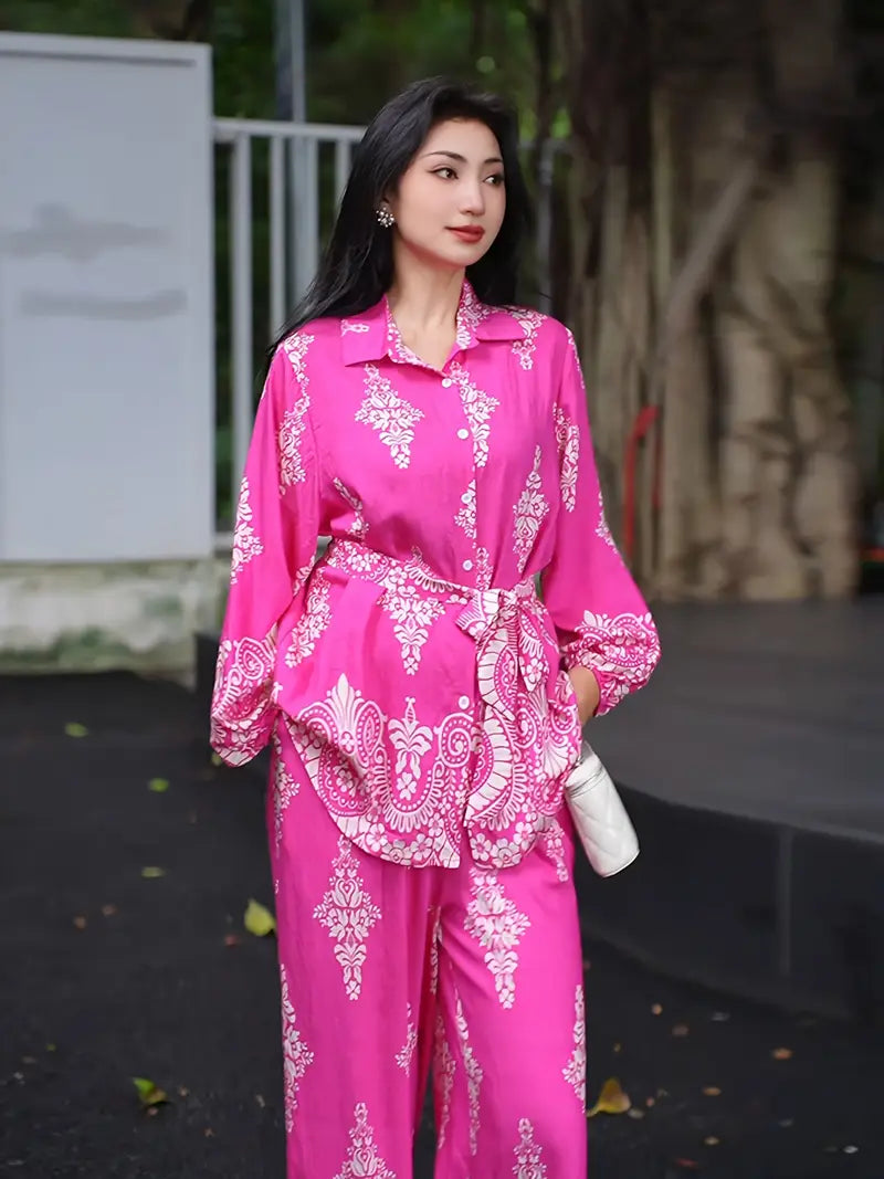 Bold Bloom Two-Piece Set – Printed Shirt & High-Waist Wide-Leg Pants