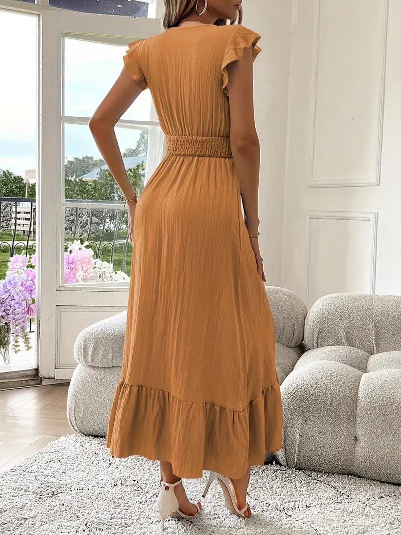 Elegant Ruffle Sleeve Surplice Neck Dress – Space Lightweight & Flattering Summer Style