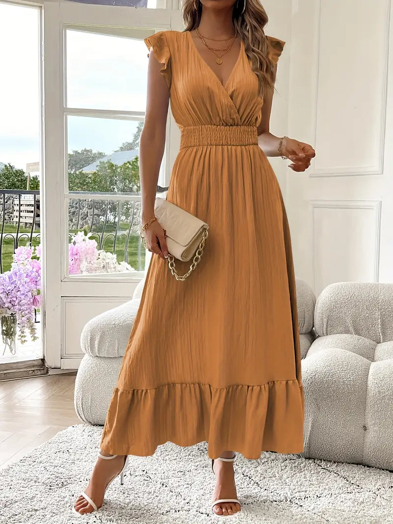 Elegant Ruffle Sleeve Surplice Neck Dress – Space Lightweight & Flattering Summer Style