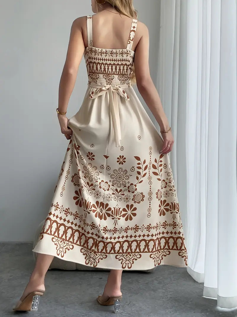 Women's Beige & Brown Floral Maxi Dress – A-Line Spaghetti Strap Beach & Wedding Outfit
