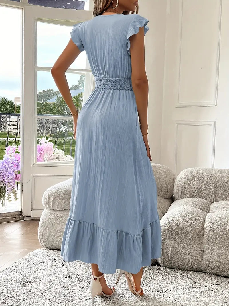 Elegant Ruffle Sleeve Surplice Neck Dress – Space Lightweight & Flattering Summer Style