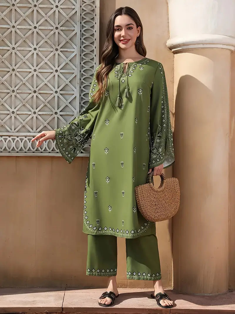 Traditional Green Floral Print Kurtis Set for Women – Long Sleeve Ethnic Dress with Textured Pants