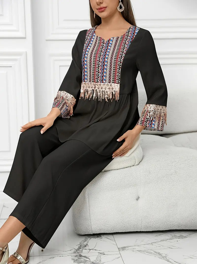 Elegant Summer Patchwork Co-ord Set for Women – Beaded Fringe Top with Wide-Leg Pants (2pcs)