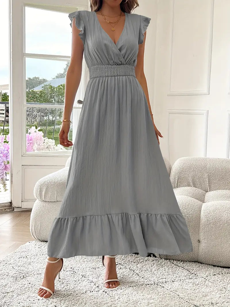 Elegant Ruffle Sleeve Surplice Neck Dress – Space Lightweight & Flattering Summer Style