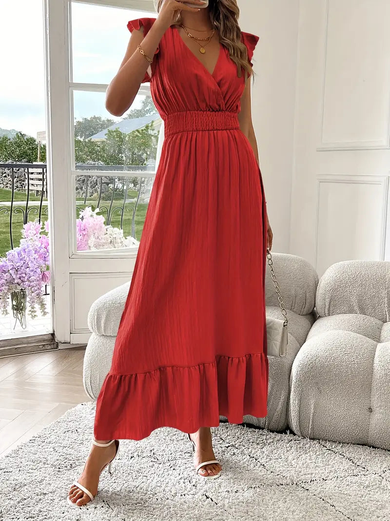 Elegant Ruffle Sleeve Surplice Neck Dress – Space Lightweight & Flattering Summer Style
