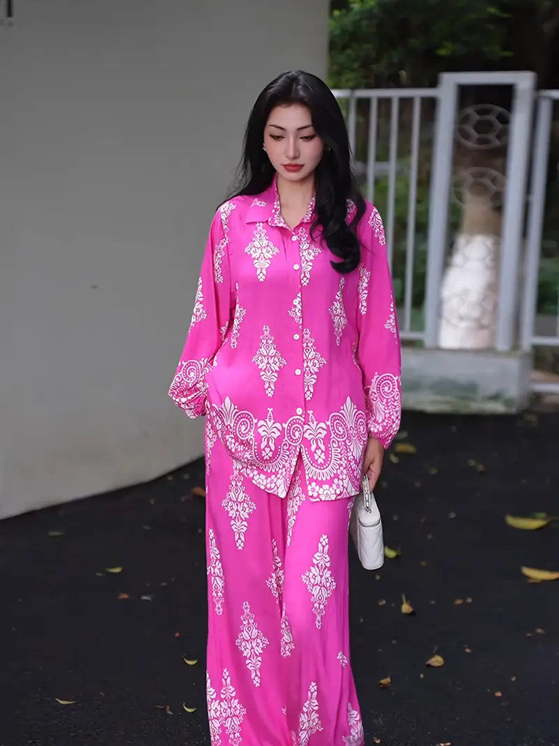 Bold Bloom Two-Piece Set – Printed Shirt & High-Waist Wide-Leg Pants