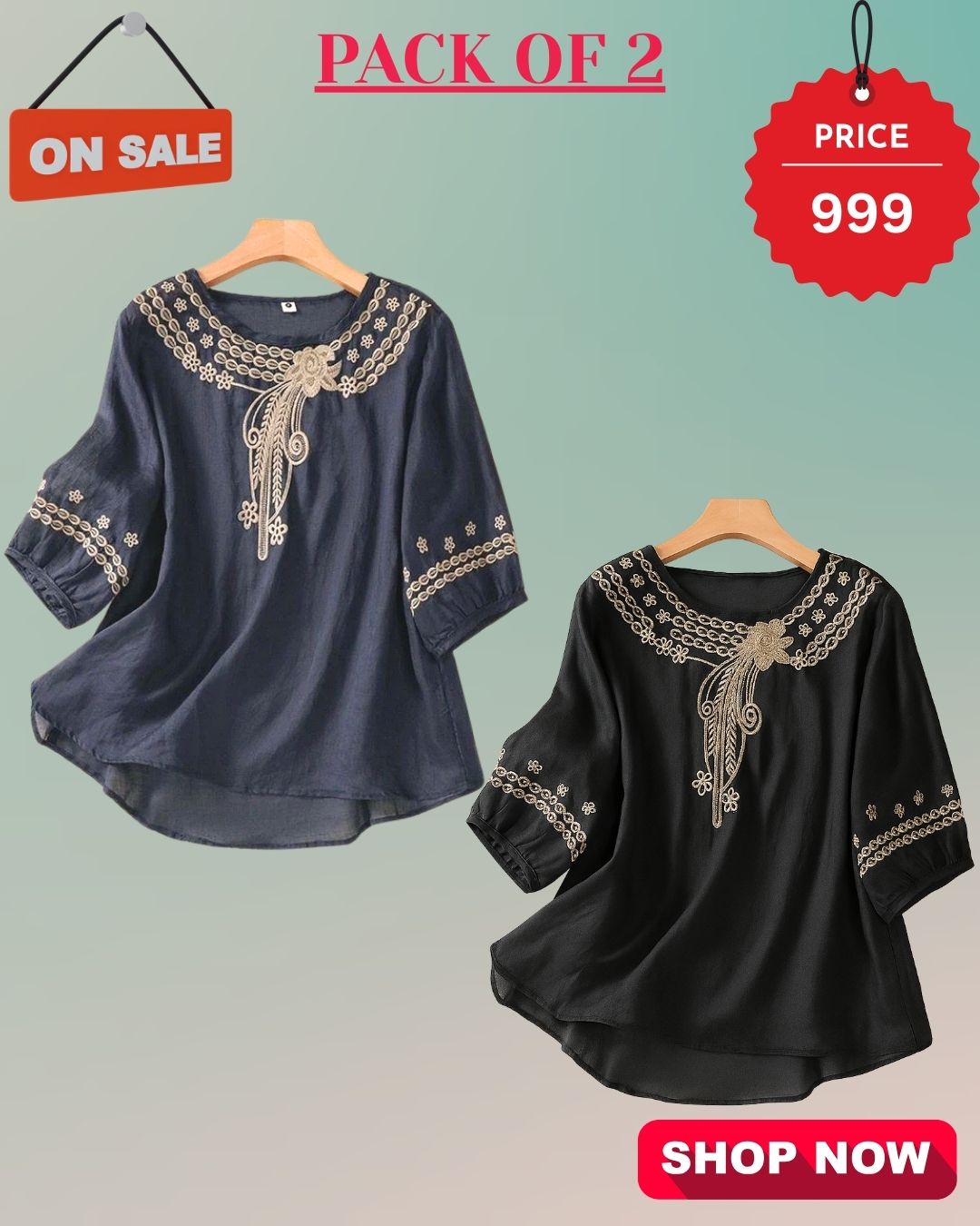 Pack Of 2 Floral Embroidered Top