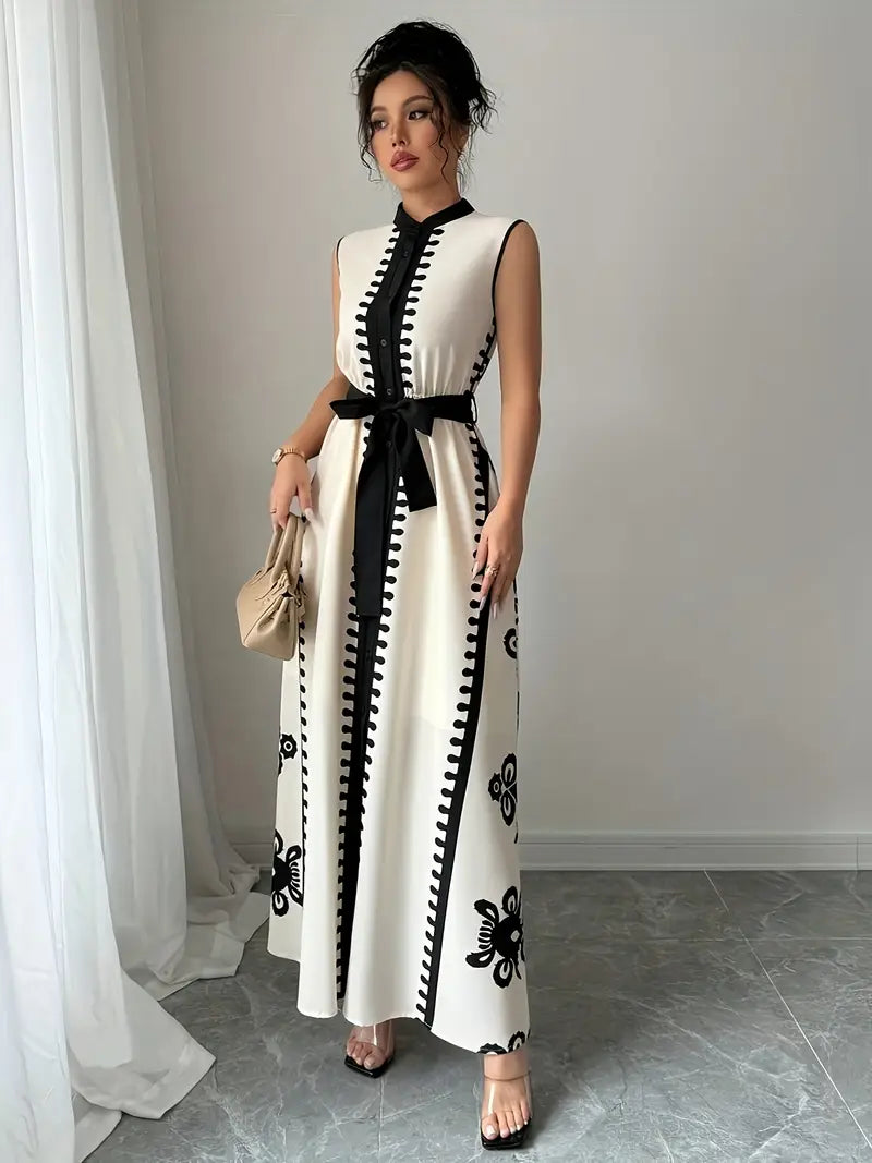 Modern Summer Dress – Sleeveless, Belted, Stand Collar, Pockets – Women's Black & White Casual Wear"