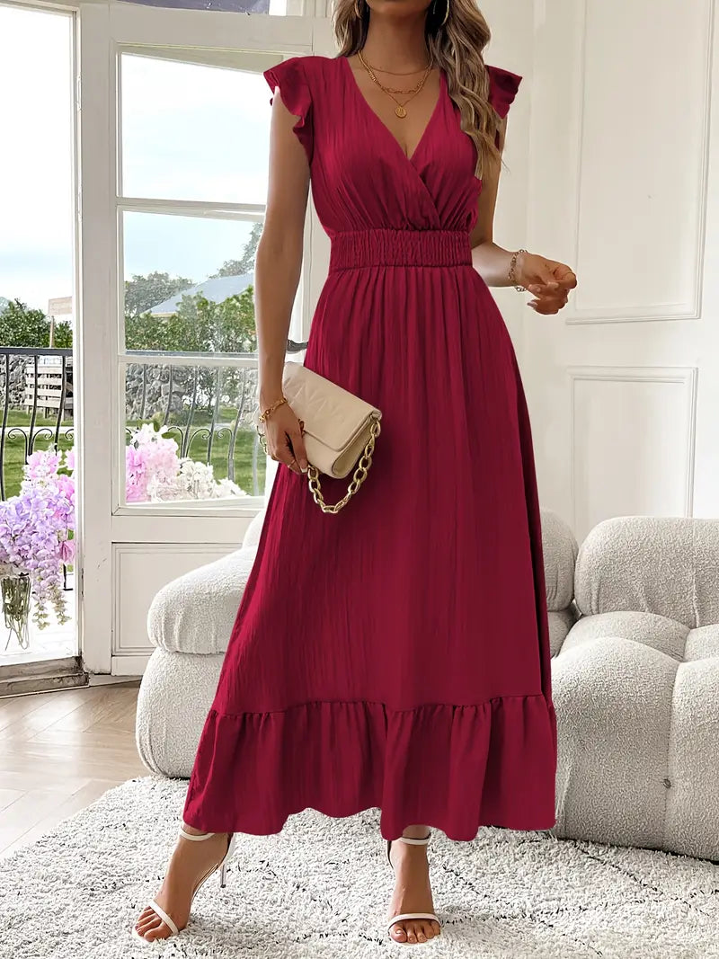 Elegant Ruffle Sleeve Surplice Neck Dress – Space Lightweight & Flattering Summer Style