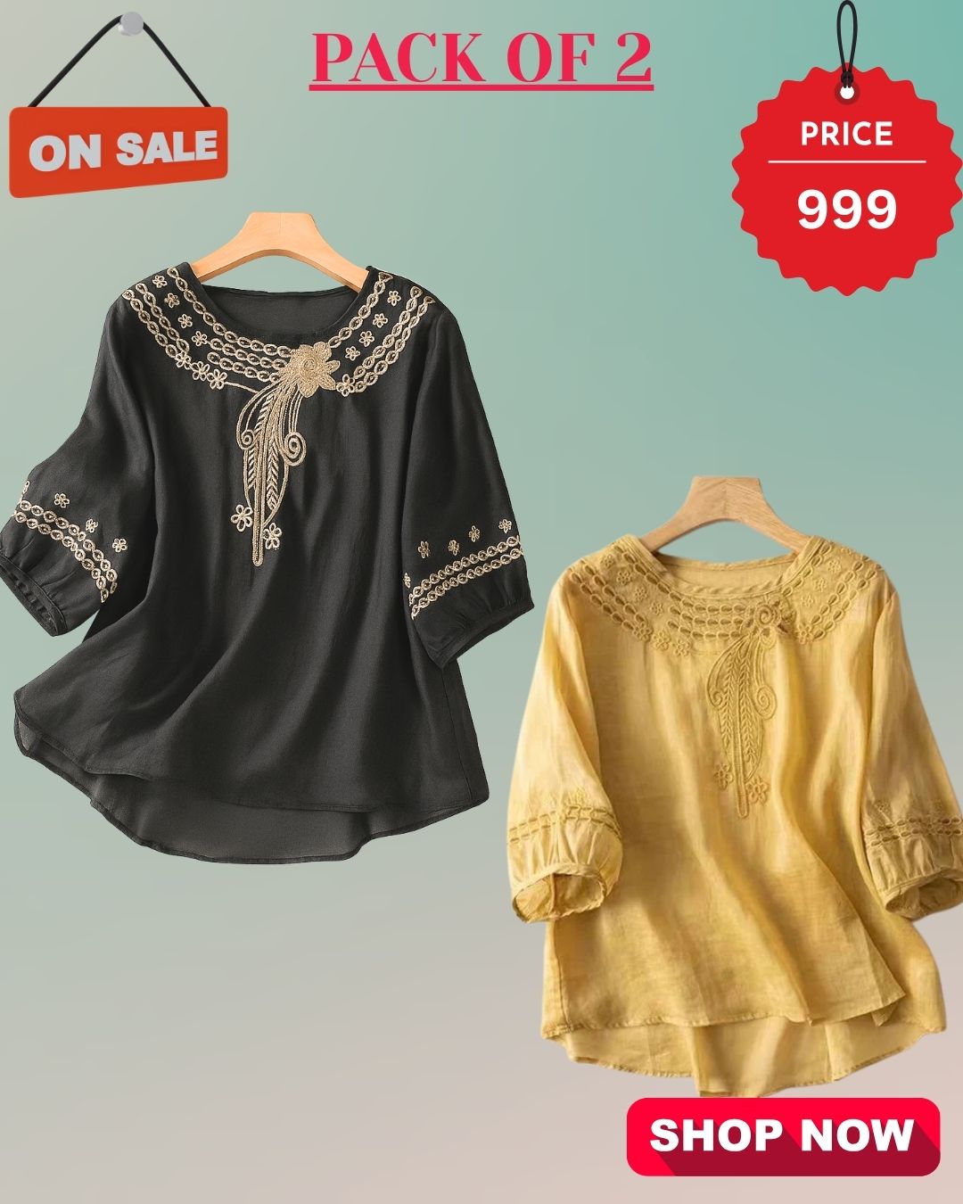 Pack Of 2 Floral Embroidered Top