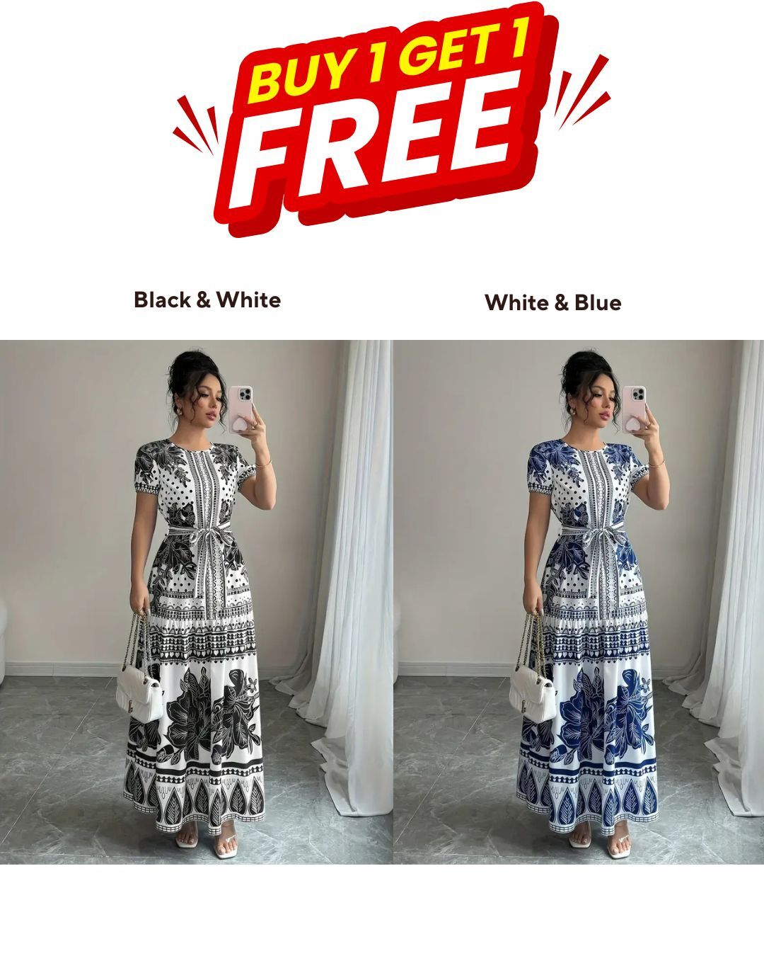 Pack of 2 – Vibrant Floral Maxi Dresses for Women – Tie Front, Flowy Summer Fit, Crew Neck