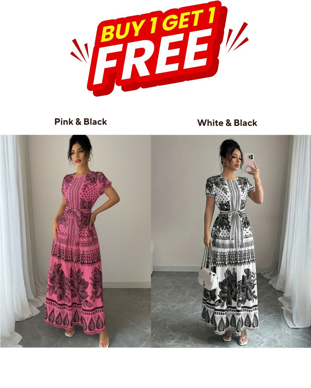 Pack of 2 – Vibrant Floral Maxi Dresses for Women – Tie Front, Flowy Summer Fit, Crew Neck