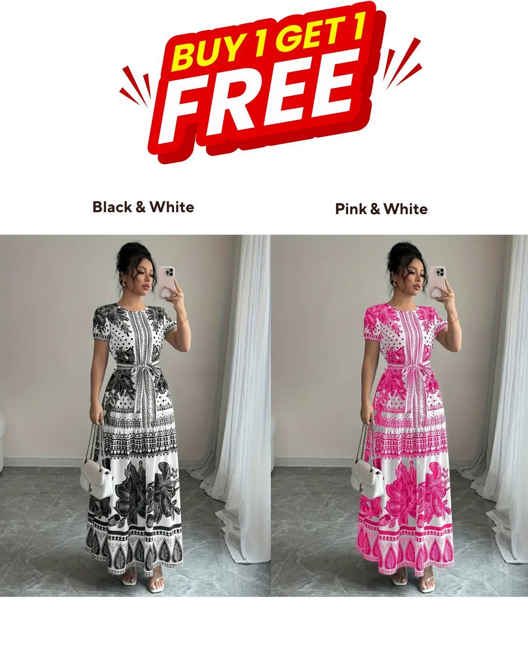Pack of 2 – Vibrant Floral Maxi Dresses for Women – Tie Front, Flowy Summer Fit, Crew Neck