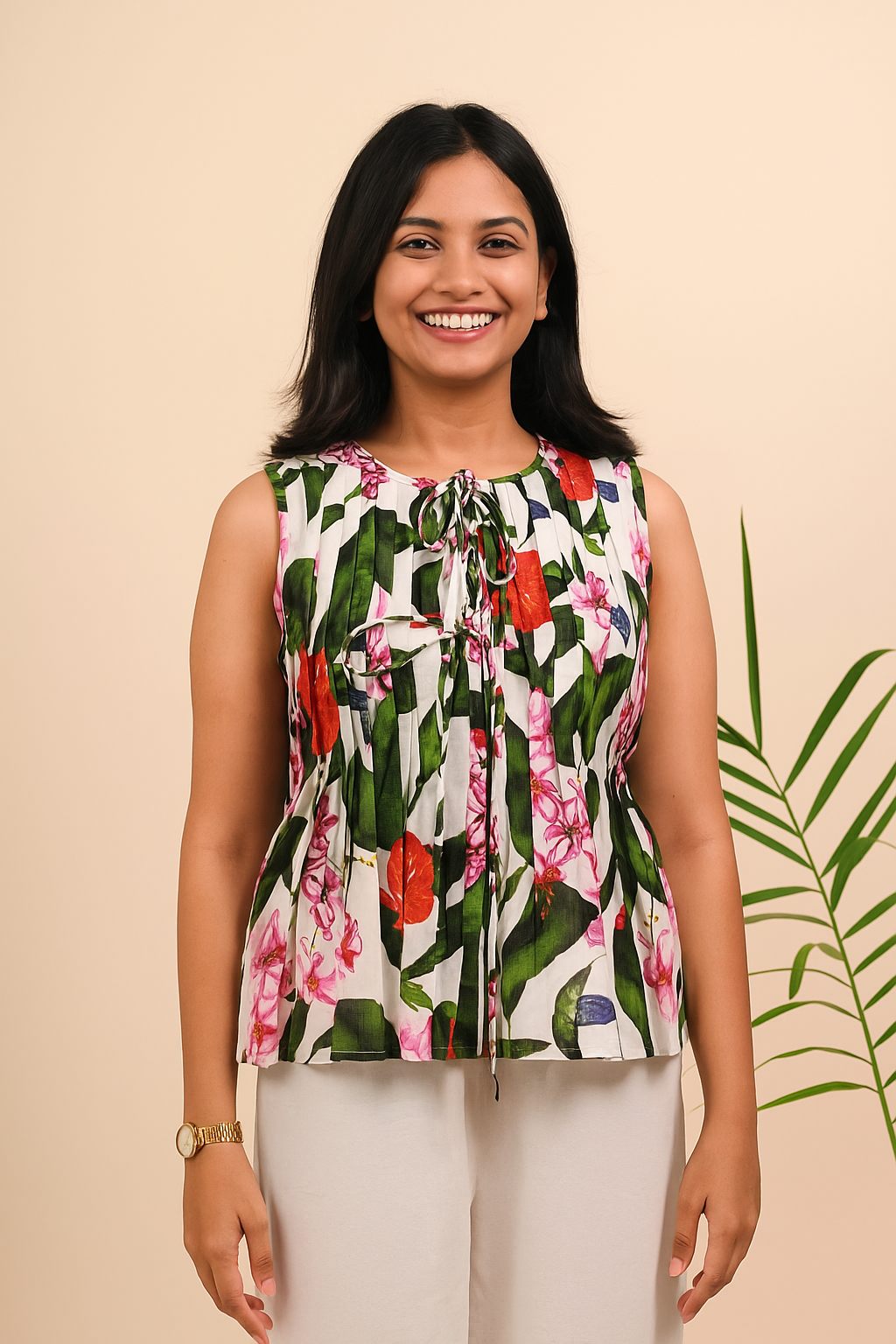 Tropical Floral Pleated Top & White Wide-Leg Pants Set