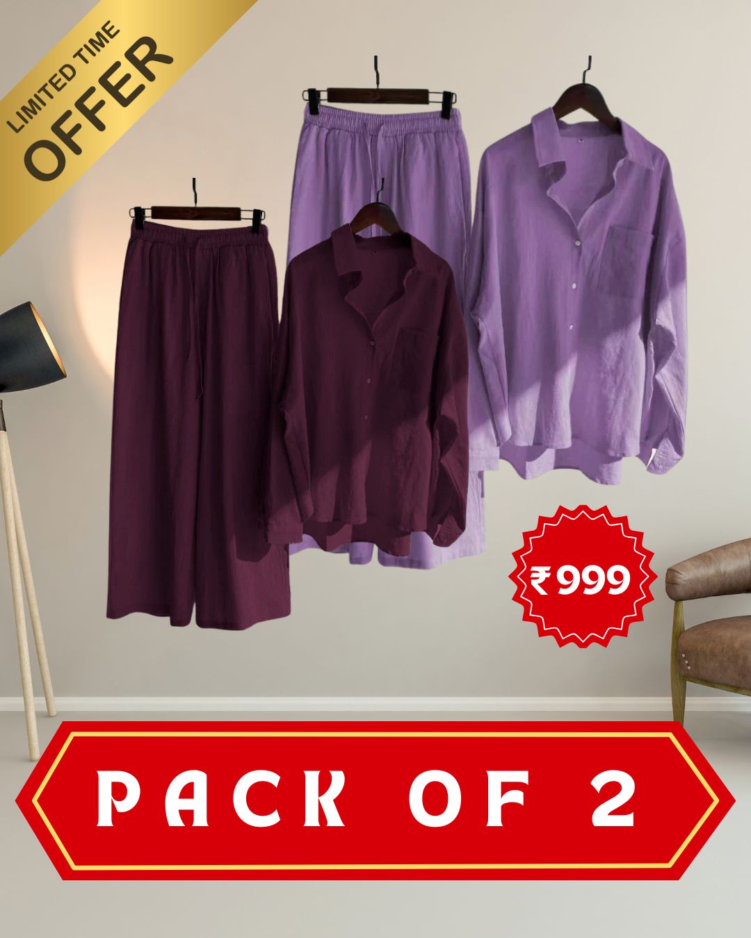 Pack of 2 Fashionable Women’s High‑Waist Cotton Shirt & Slacks Set 3.0