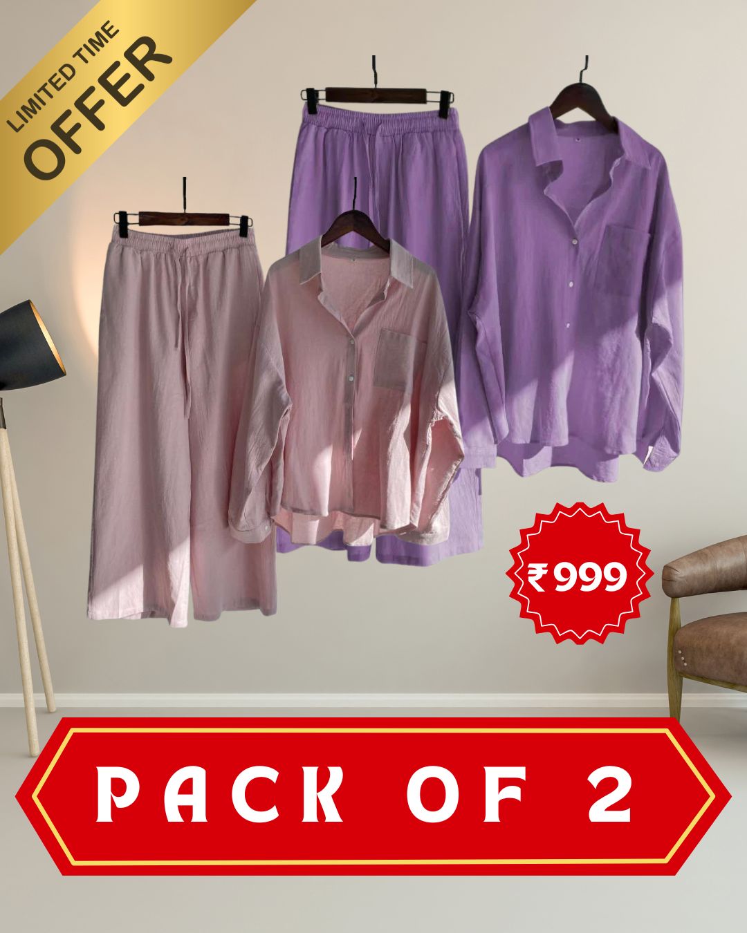 Pack of 2 Fashionable Women’s High‑Waist Cotton Shirt & Slacks Set 3.0