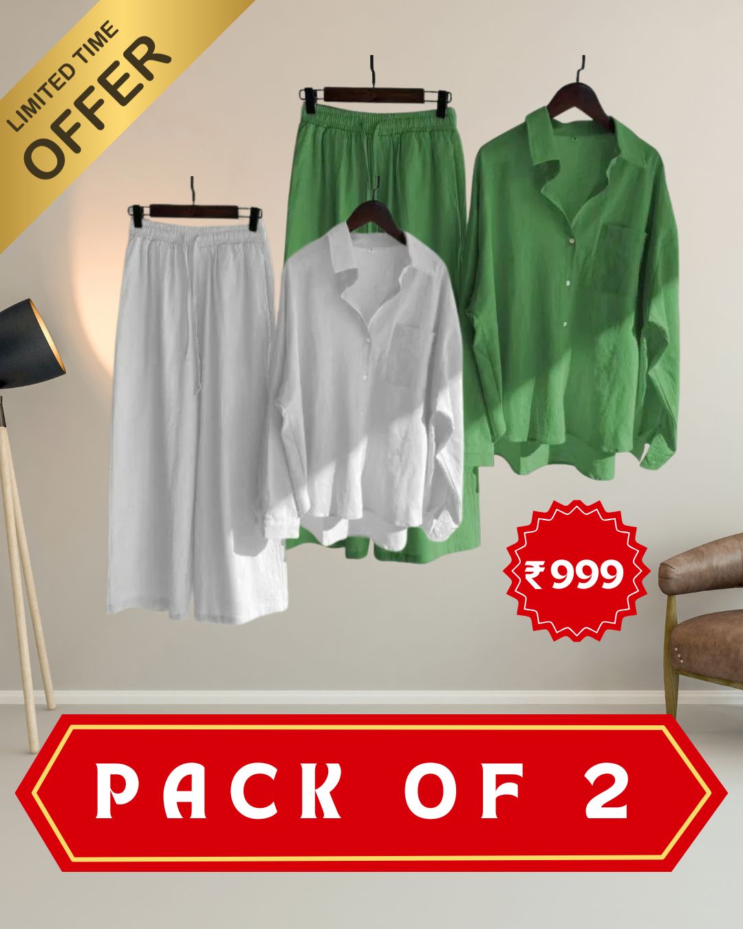 Pack of 2 Fashionable Women’s High‑Waist Cotton Shirt & Slacks Set 3.0