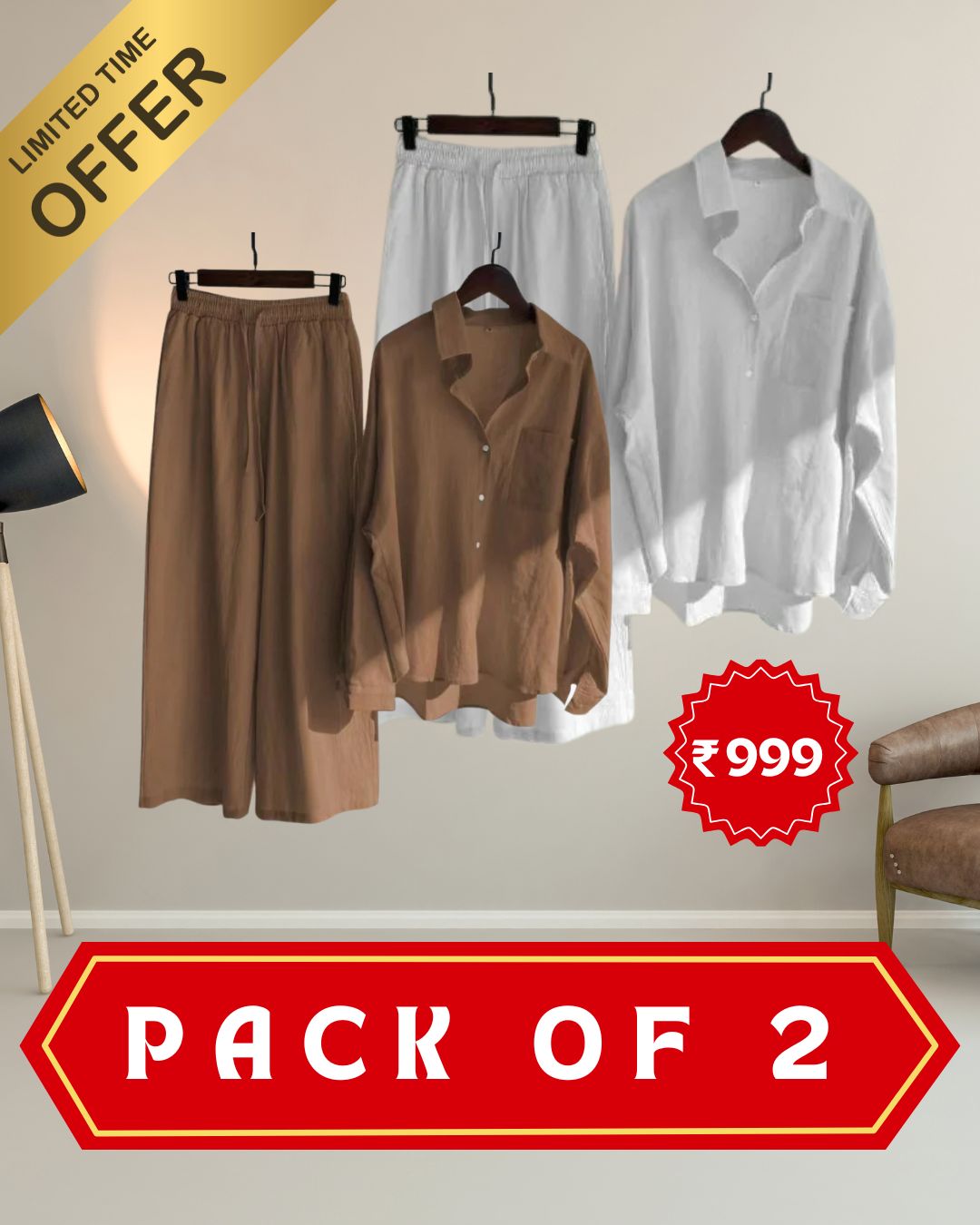 Pack of 2 Fashionable Women’s High‑Waist Cotton Shirt & Slacks Set 3.0