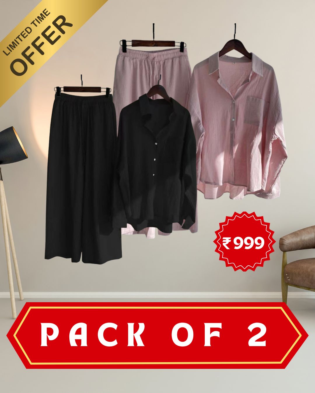 Pack of 2 Fashionable Women’s High‑Waist Cotton Shirt & Slacks Set 3.0