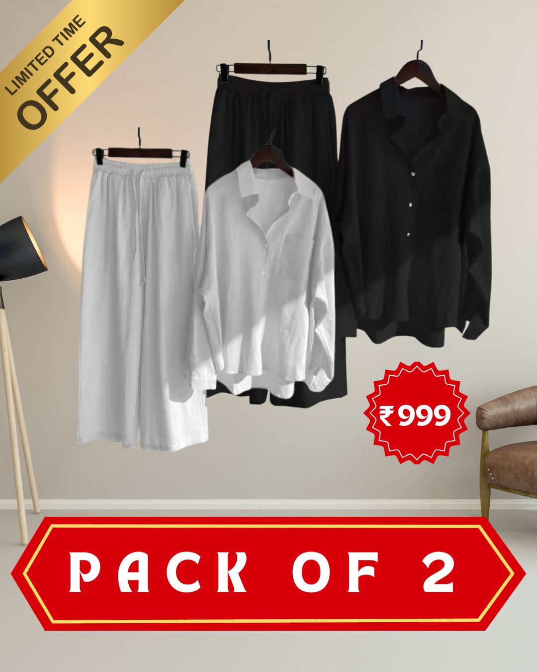 Pack of 2 Fashionable Women’s High‑Waist Cotton Shirt & Slacks Set 3.0