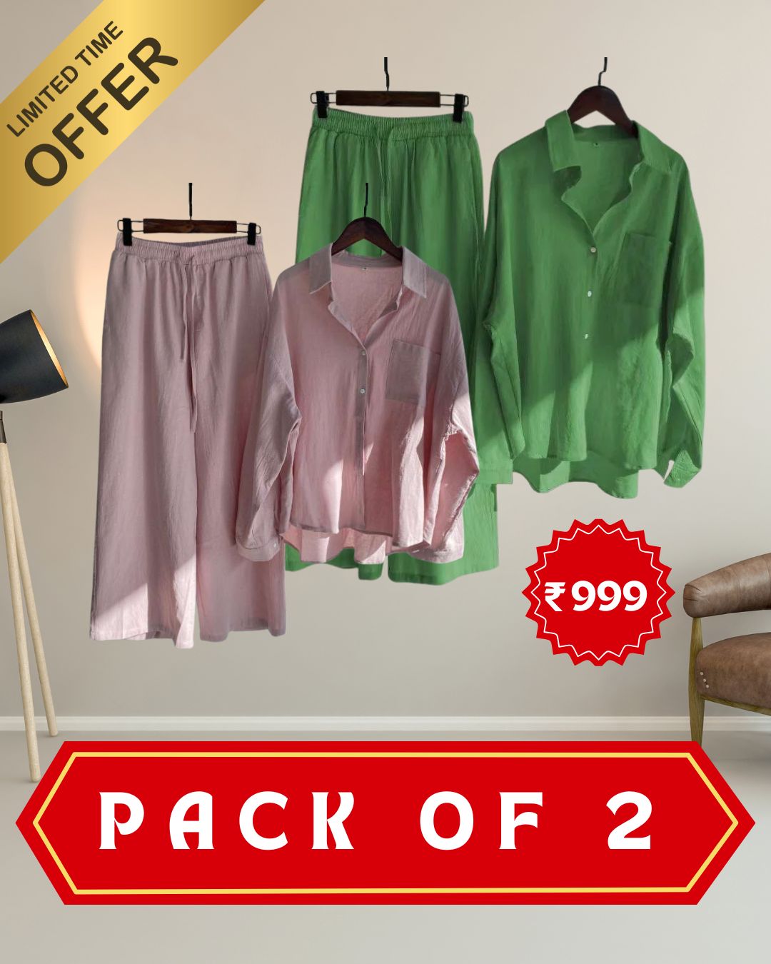 Pack of 2 Fashionable Women’s High‑Waist Cotton Shirt & Slacks Set 3.0