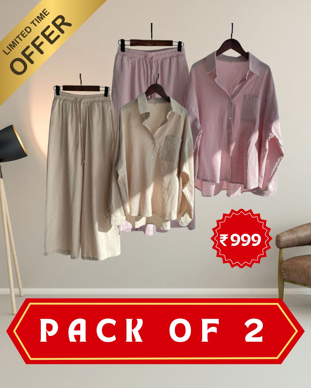 Pack of 2 Fashionable Women’s High‑Waist Cotton Shirt & Slacks Set 3.0