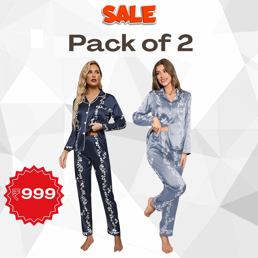 Pack of 2 Women’s Satin Floral Pajama Sets – Long Sleeve, Ultra-Soft Loungewear
