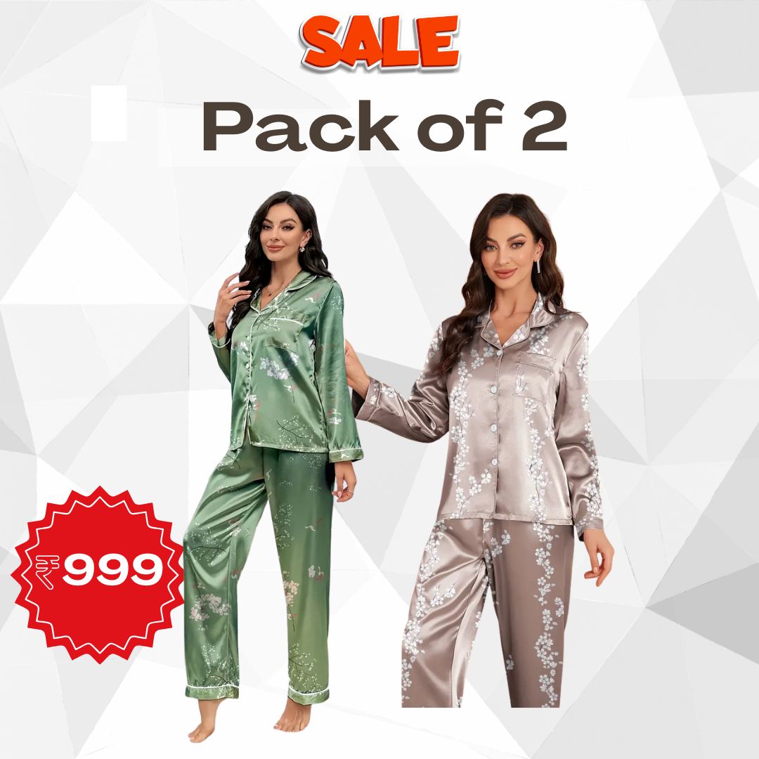 Pack of 2 Women’s Satin Floral Pajama Sets – Long Sleeve, Ultra-Soft Loungewear