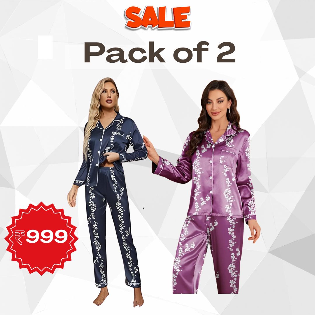 Pack of 2 Women’s Satin Floral Pajama Sets – Long Sleeve, Ultra-Soft Loungewear