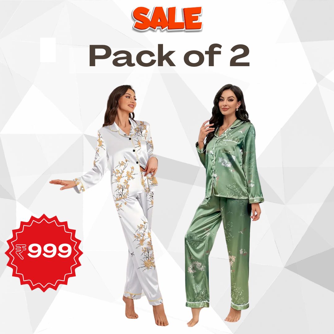 Pack of 2 Women’s Satin Floral Pajama Sets – Long Sleeve, Ultra-Soft Loungewear