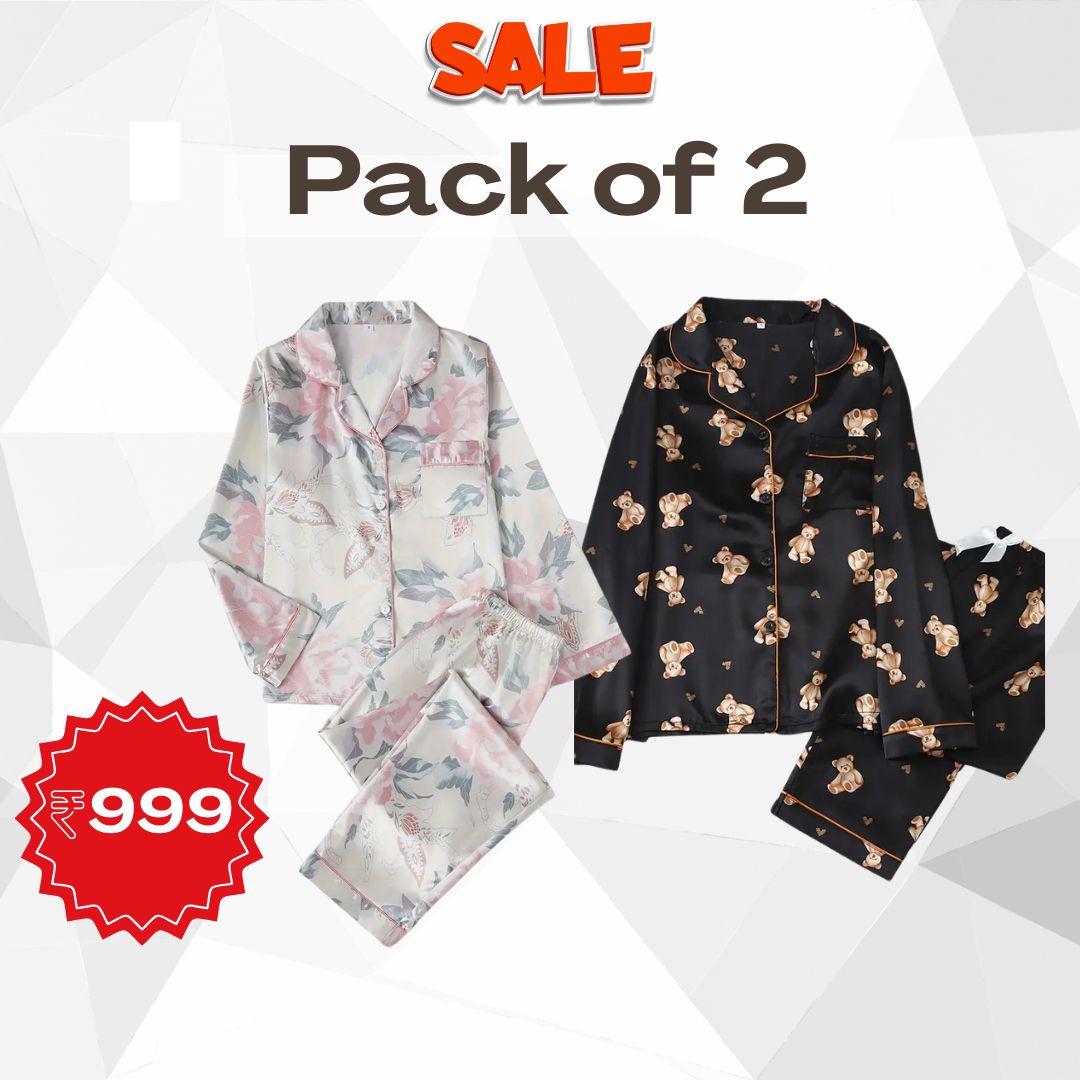 Pack of 2 Women’s Satin Floral Pajama Sets – Long Sleeve, Ultra-Soft Loungewear
