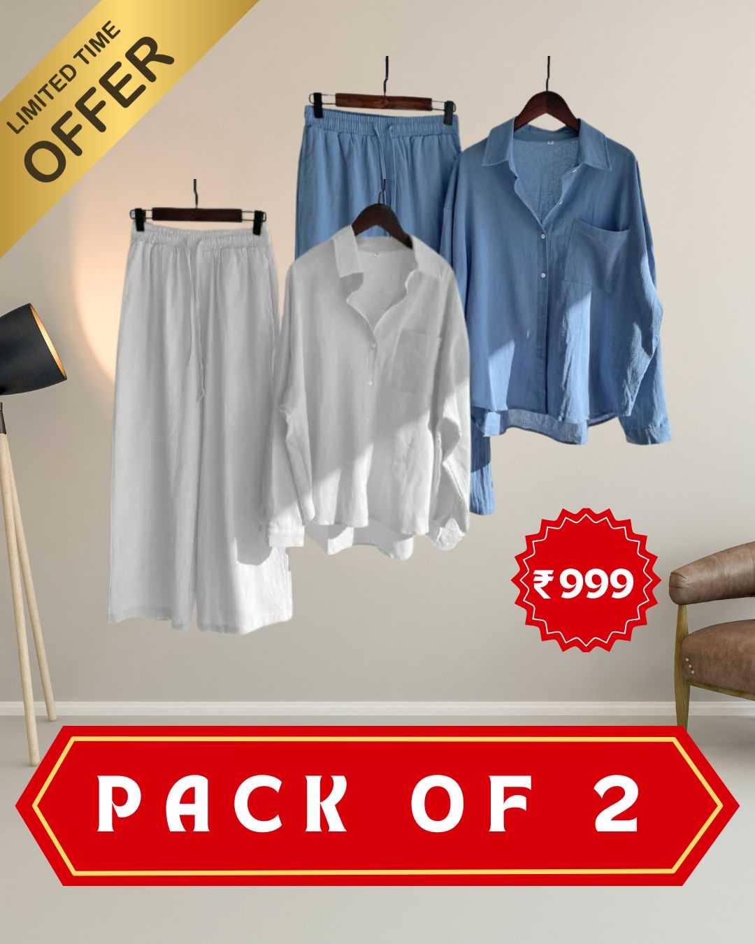 Pack of 2 Fashionable Women’s High‑Waist Cotton Shirt & Slacks Set 3.0