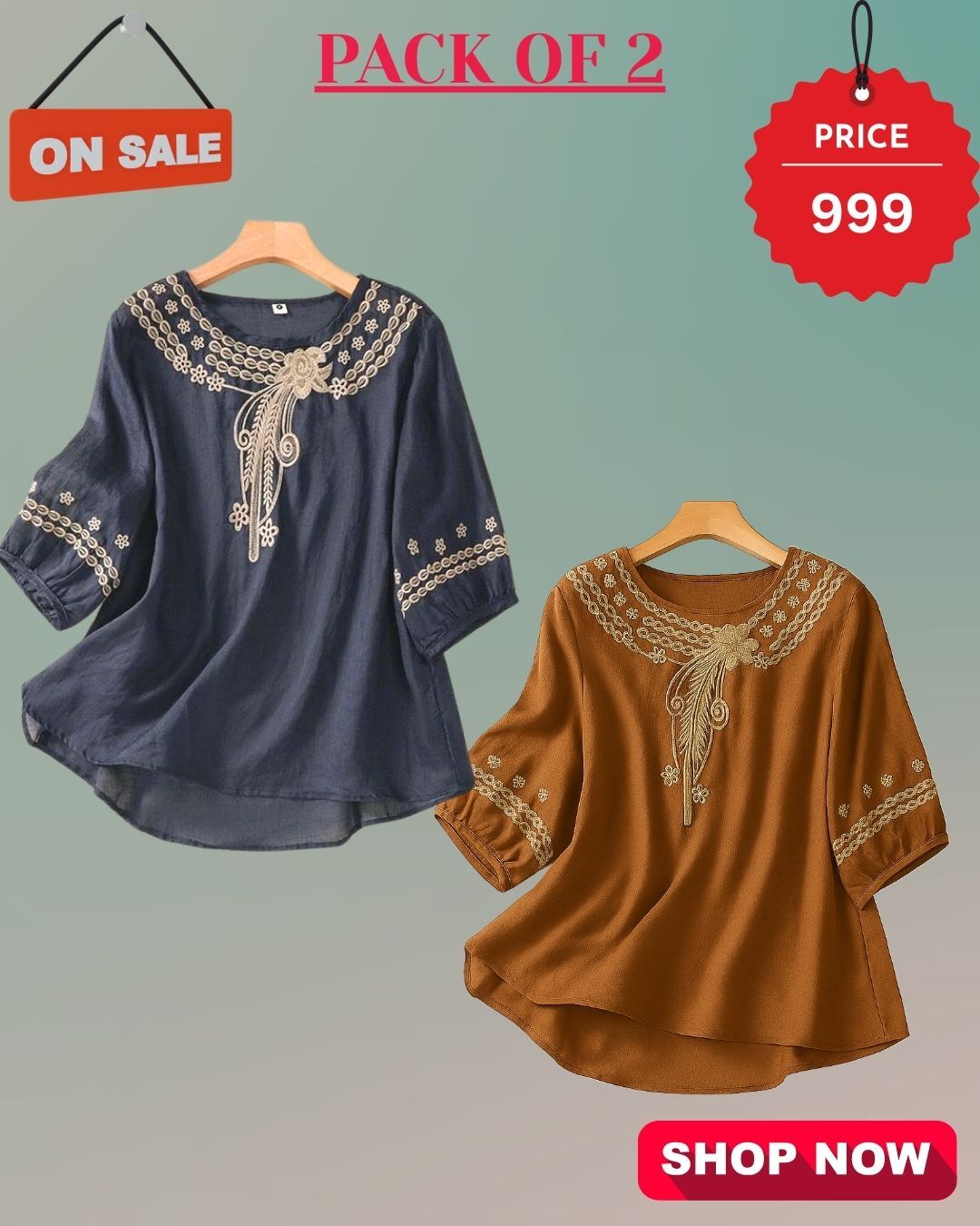 Pack Of 2 Floral Embroidered Top