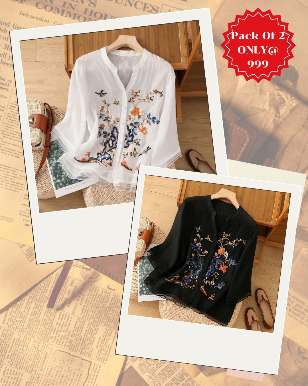 Elegant Floral Embroidered Chiffon Tops – Pack of 2 (White & Black)