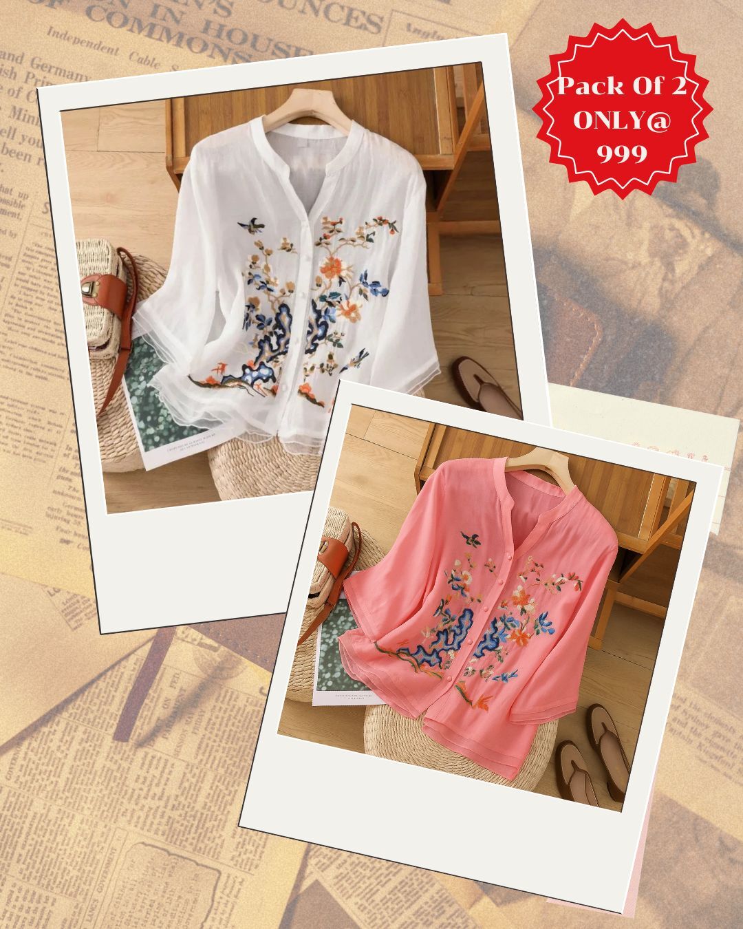 Elegant Floral Embroidered Chiffon Tops – Pack of 2 (White & Black)