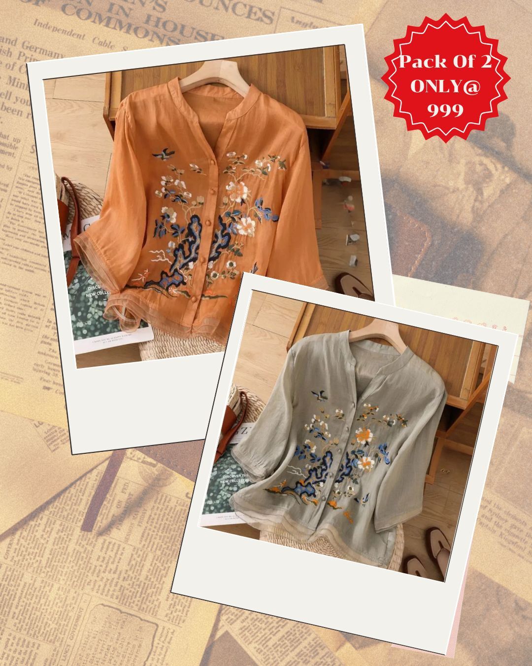 Elegant Floral Embroidered Chiffon Tops – Pack of 2 (White & Black)
