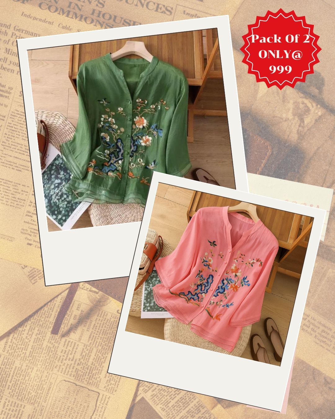 Elegant Floral Embroidered Chiffon Tops – Pack of 2 (White & Black)