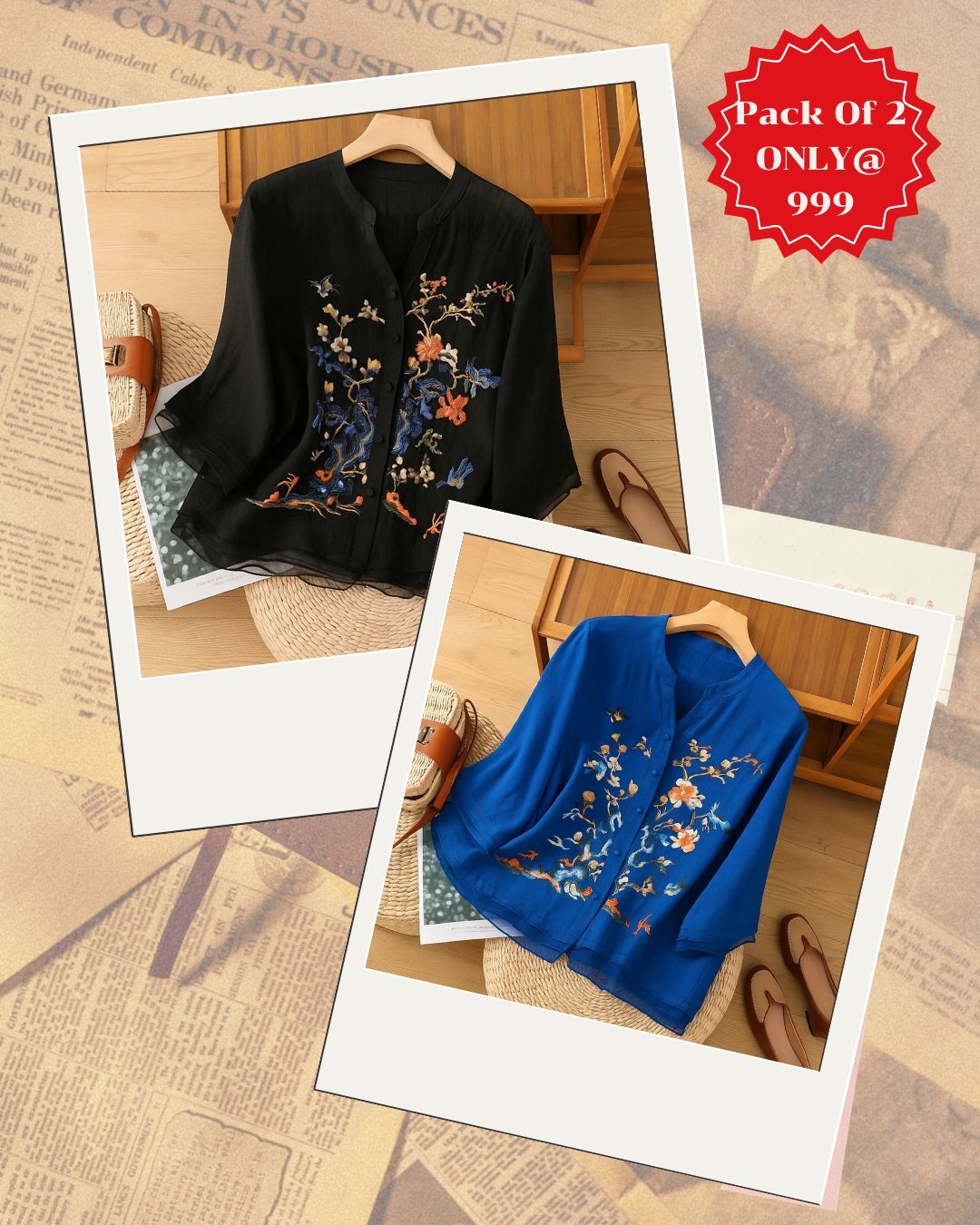 Elegant Floral Embroidered Chiffon Tops – Pack of 2 (White & Black)