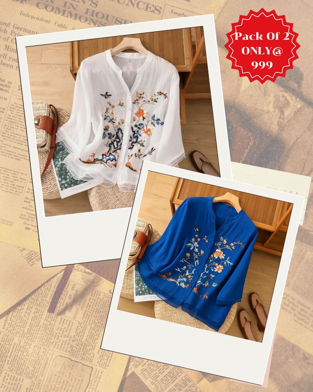 Elegant Floral Embroidered Chiffon Tops – Pack of 2 (White & Black)