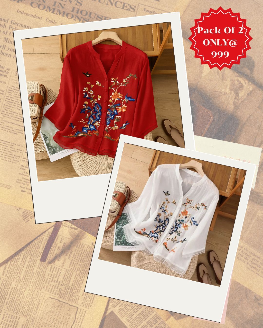 Elegant Floral Embroidered Chiffon Tops – Pack of 2 (White & Black)