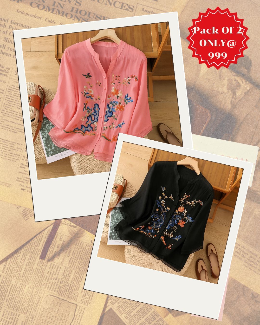 Elegant Floral Embroidered Chiffon Tops – Pack of 2 (White & Black)