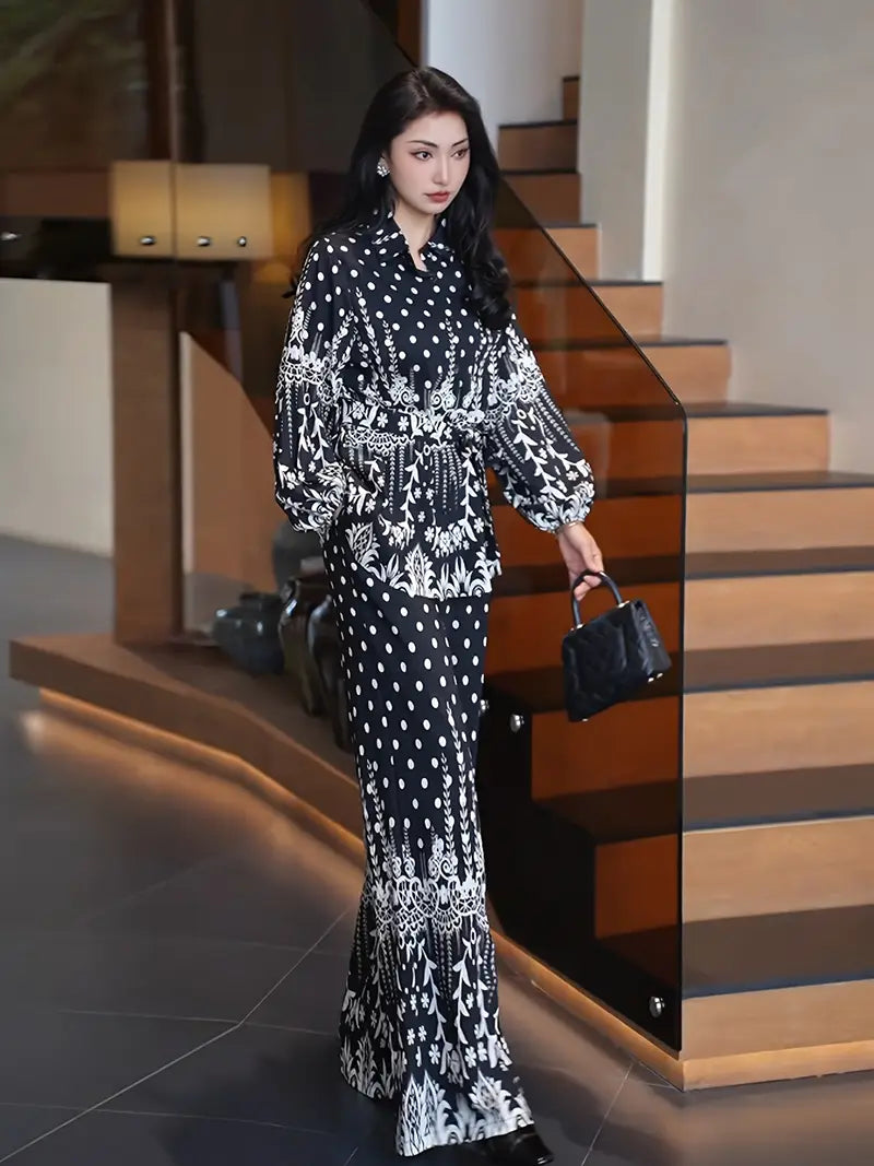 Bold Bloom Two-Piece Set – Printed Shirt & High-Waist Wide-Leg Pants