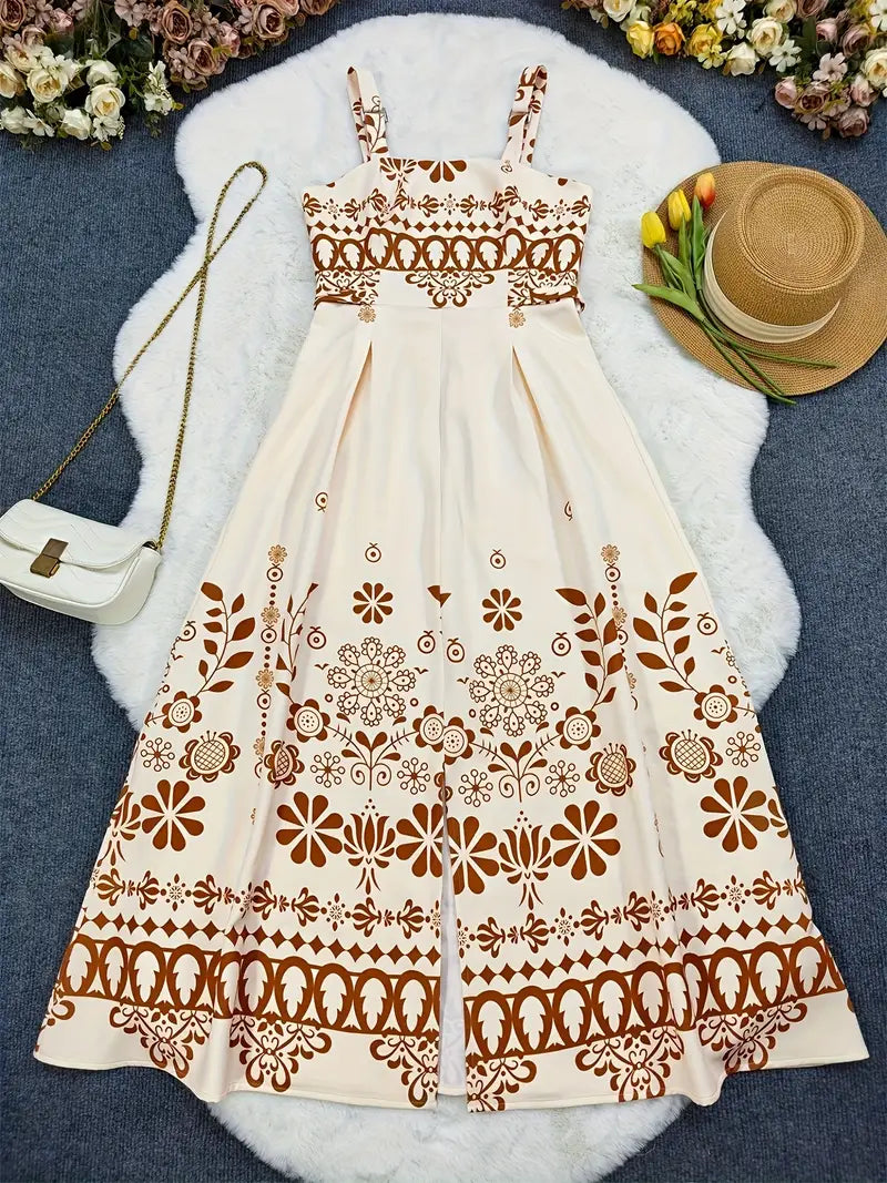 Women's Beige & Brown Floral Maxi Dress – A-Line Spaghetti Strap Beach & Wedding Outfit