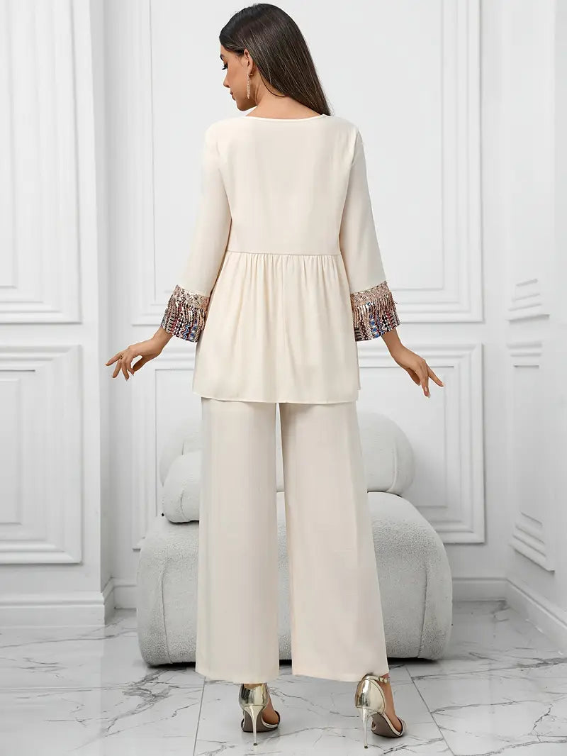 Elegant Summer Patchwork Co-ord Set for Women – Beaded Fringe Top with Wide-Leg Pants (2pcs)