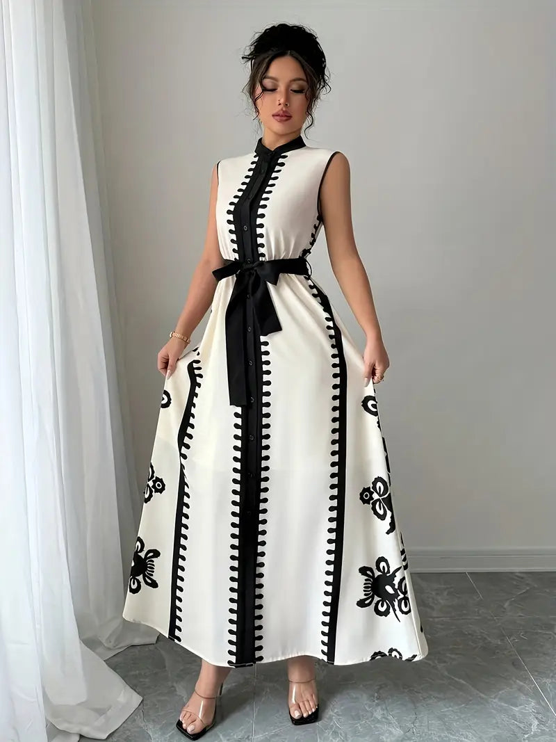 Modern Summer Dress – Sleeveless, Belted, Stand Collar, Pockets – Women's Black & White Casual Wear"