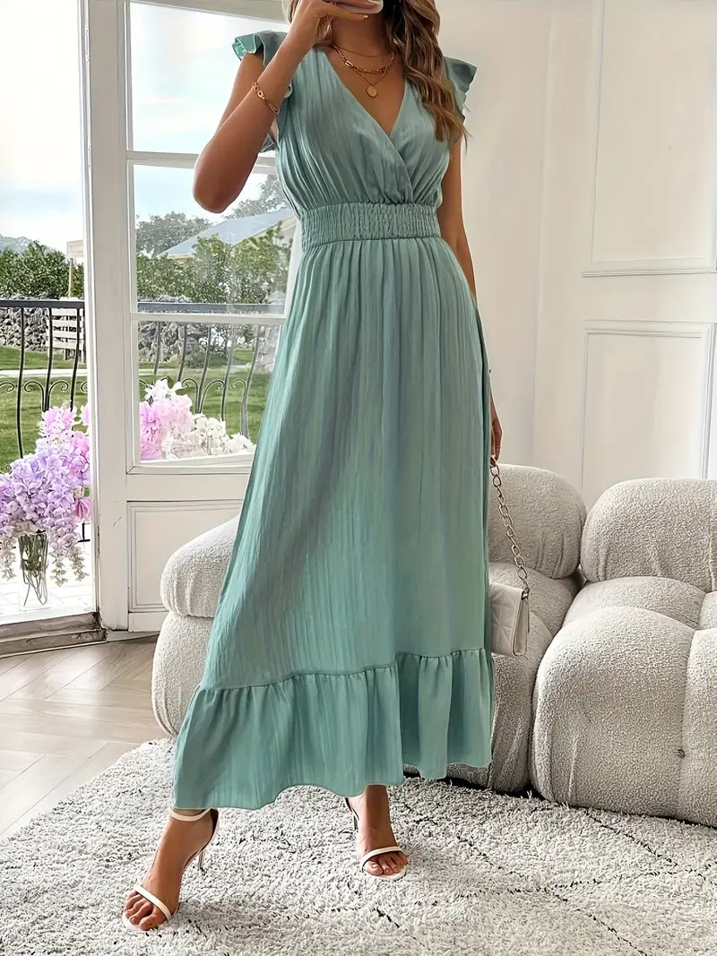 Elegant Ruffle Sleeve Surplice Neck Dress – Space Lightweight & Flattering Summer Style