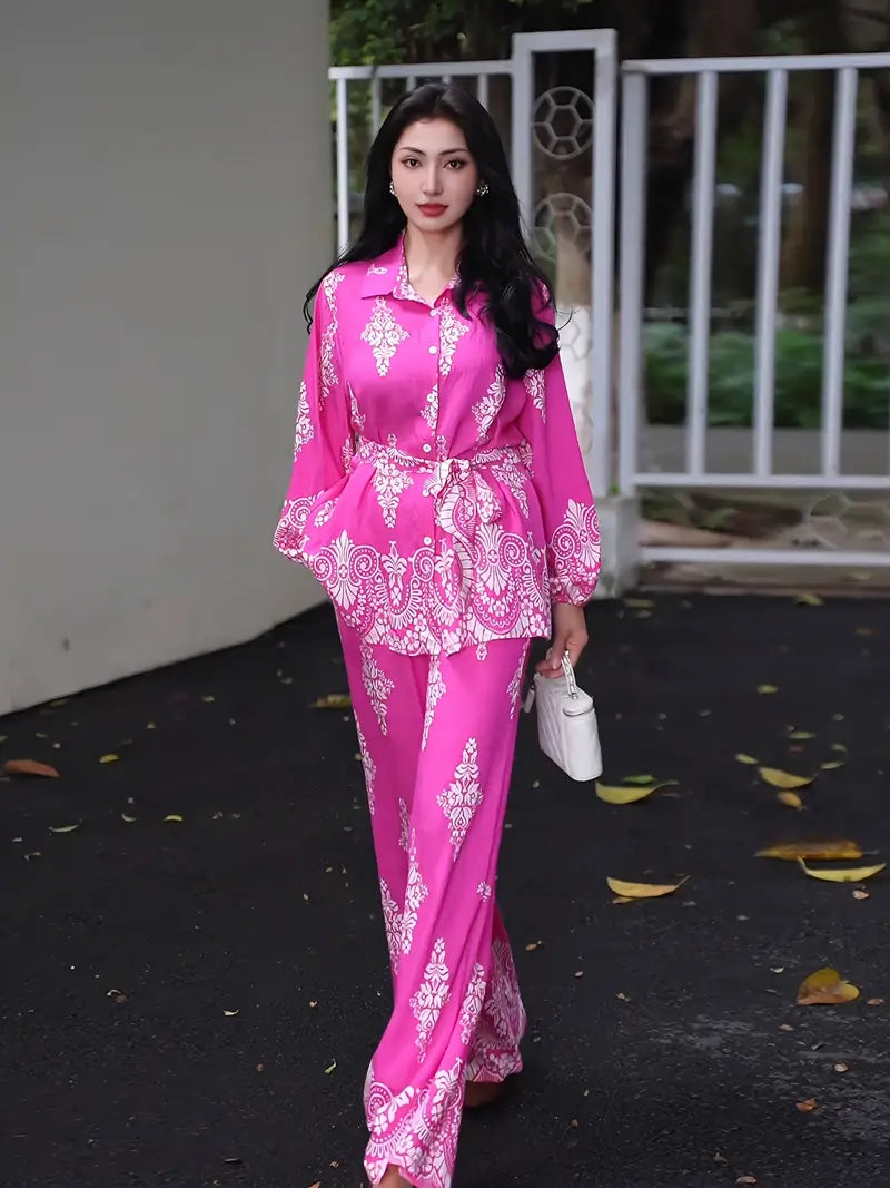 Bold Bloom Two-Piece Set – Printed Shirt & High-Waist Wide-Leg Pants
