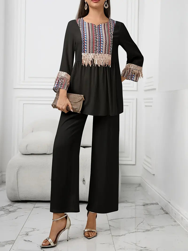 Elegant Summer Patchwork Co-ord Set for Women – Beaded Fringe Top with Wide-Leg Pants (2pcs)
