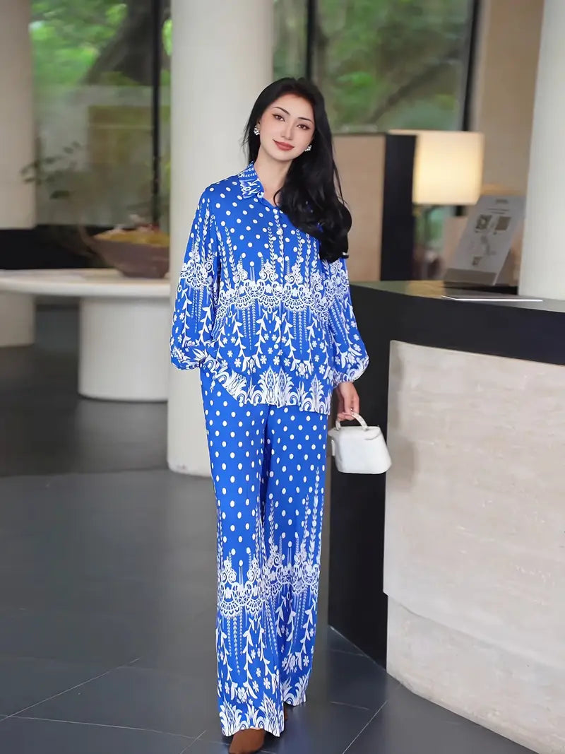 Bold Bloom Two-Piece Set – Printed Shirt & High-Waist Wide-Leg Pants