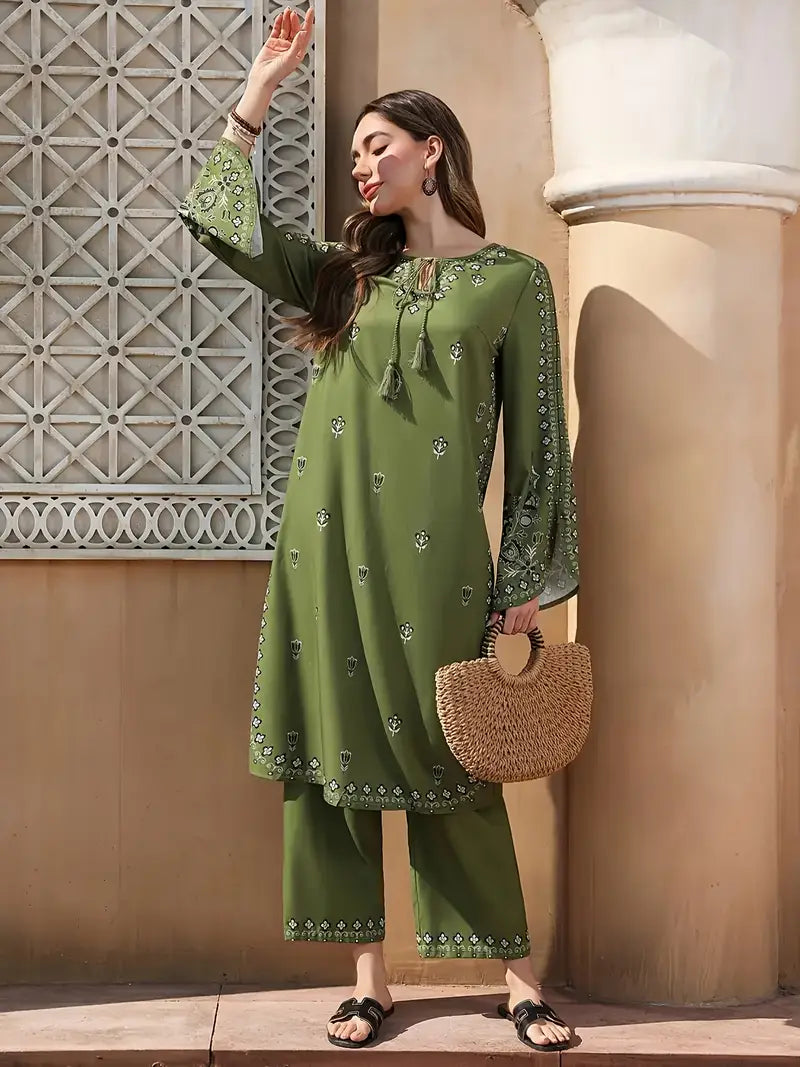 Traditional Green Floral Print Kurtis Set for Women – Long Sleeve Ethnic Dress with Textured Pants